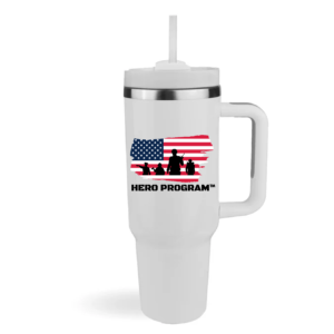 White Thirsty stanley style 40 oz tumbler with hero program tm logo